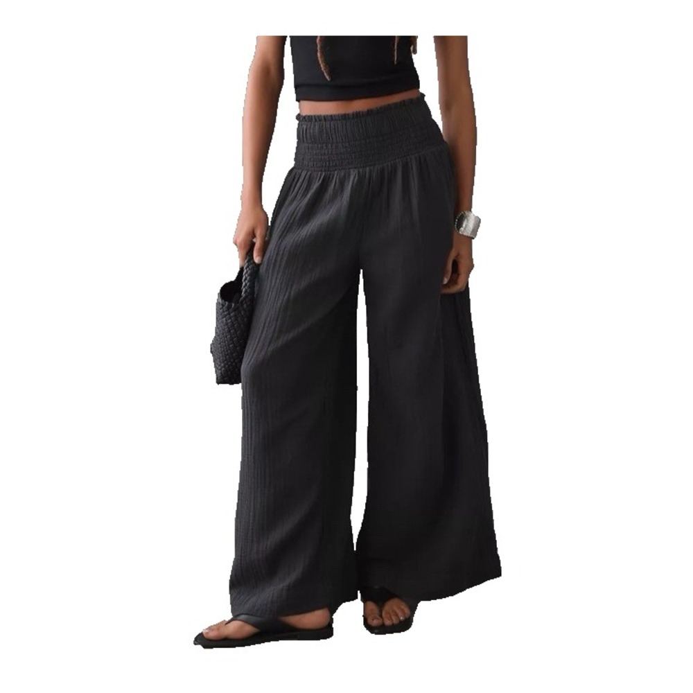Anthropologie Cotton Gauze Wide Leg Pants Smocked Waist Womens L Black Boho